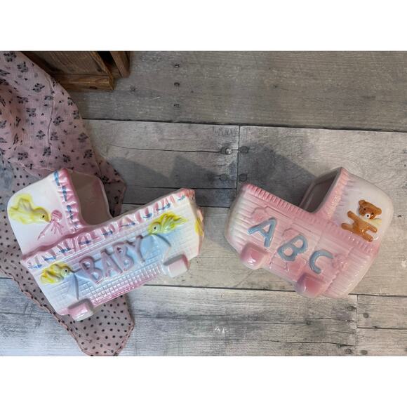 Vintage Set Ceramic Baby Carriage Bassinet Baby Shower Planter Gift Boy or Girl - Picture 15 of 15